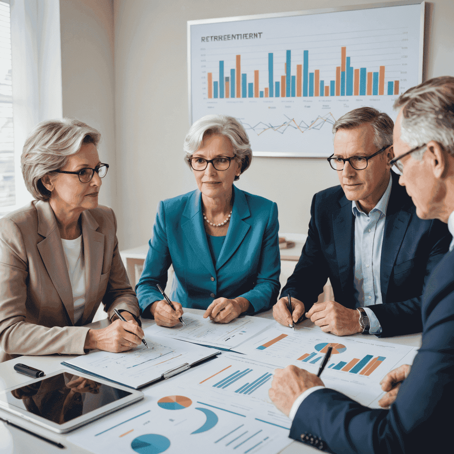 A group of financial advisors discussing Financial planning strategies with clients, with charts and graphs in the background