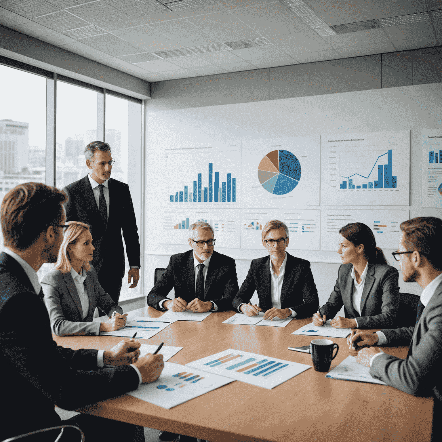 A group of business professionals discussing a strategic plan around a conference table, with charts and graphs displayed on a screen in the background.