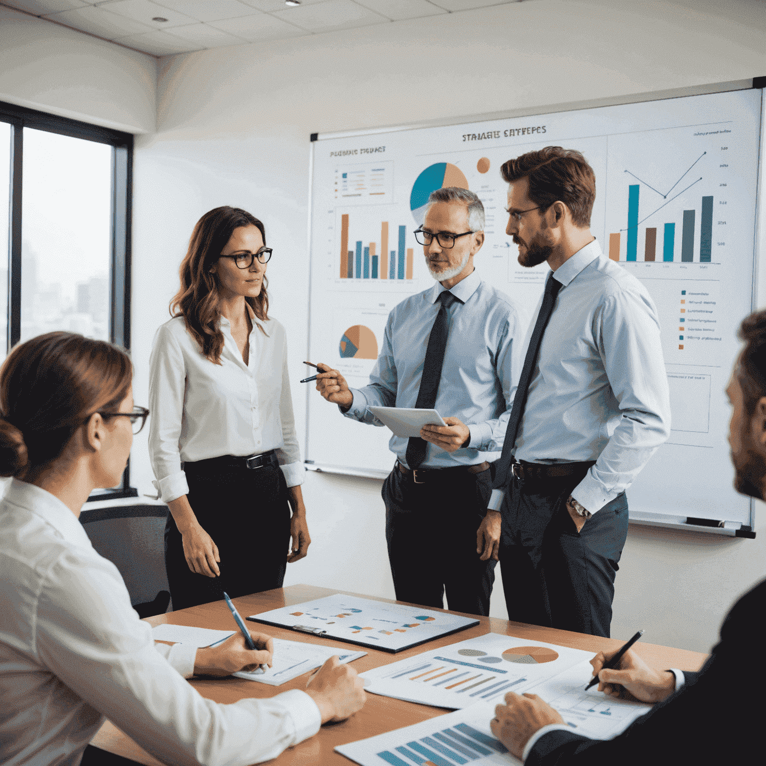 Business team discussing strategic planning in a conference room with charts and graphs on a whiteboard