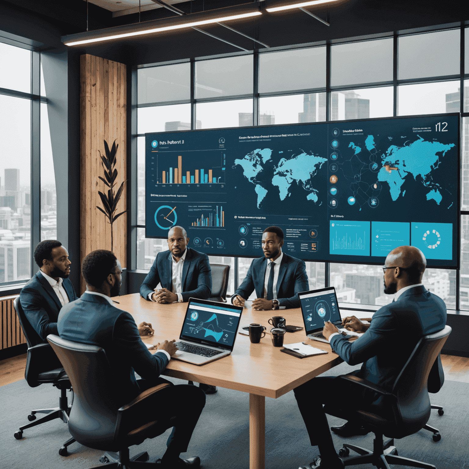 South African business professionals in a meeting room discussing digital transformation strategies, with a large screen showing data visualizations and technology icons