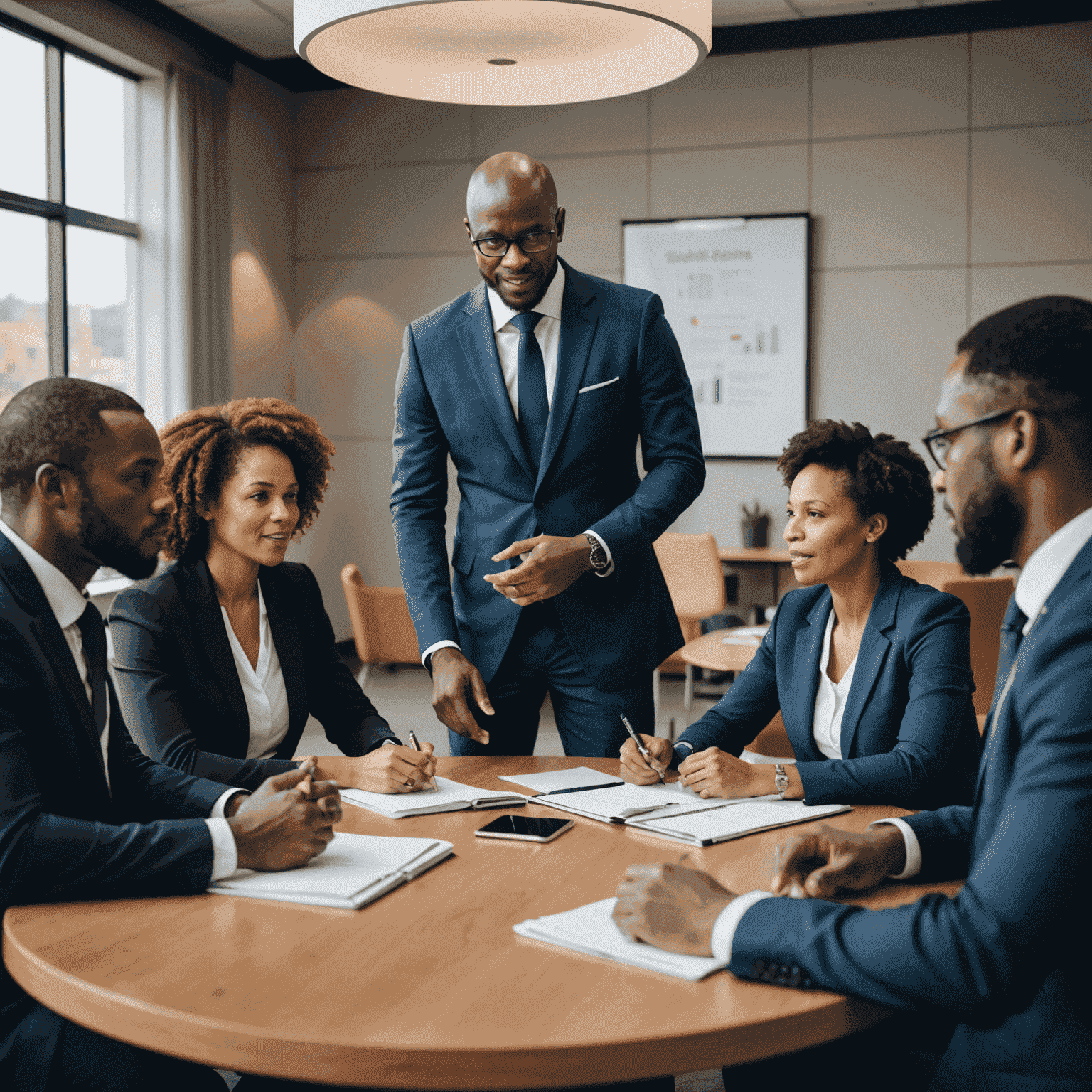 A diverse group of South African business leaders collaborating in a meeting room, representing effective leadership strategies