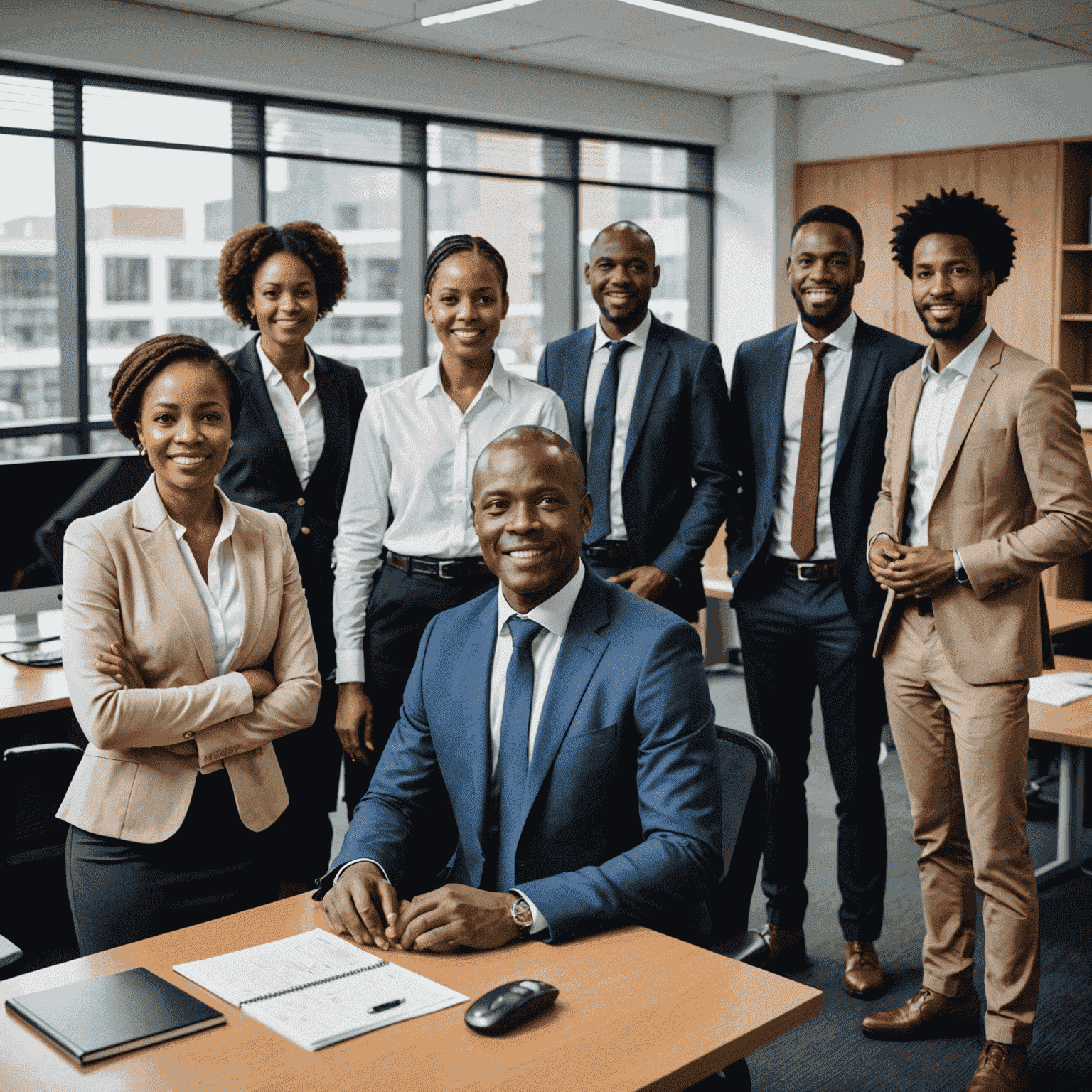 A diverse group of South African professionals in an office setting, representing the labour market