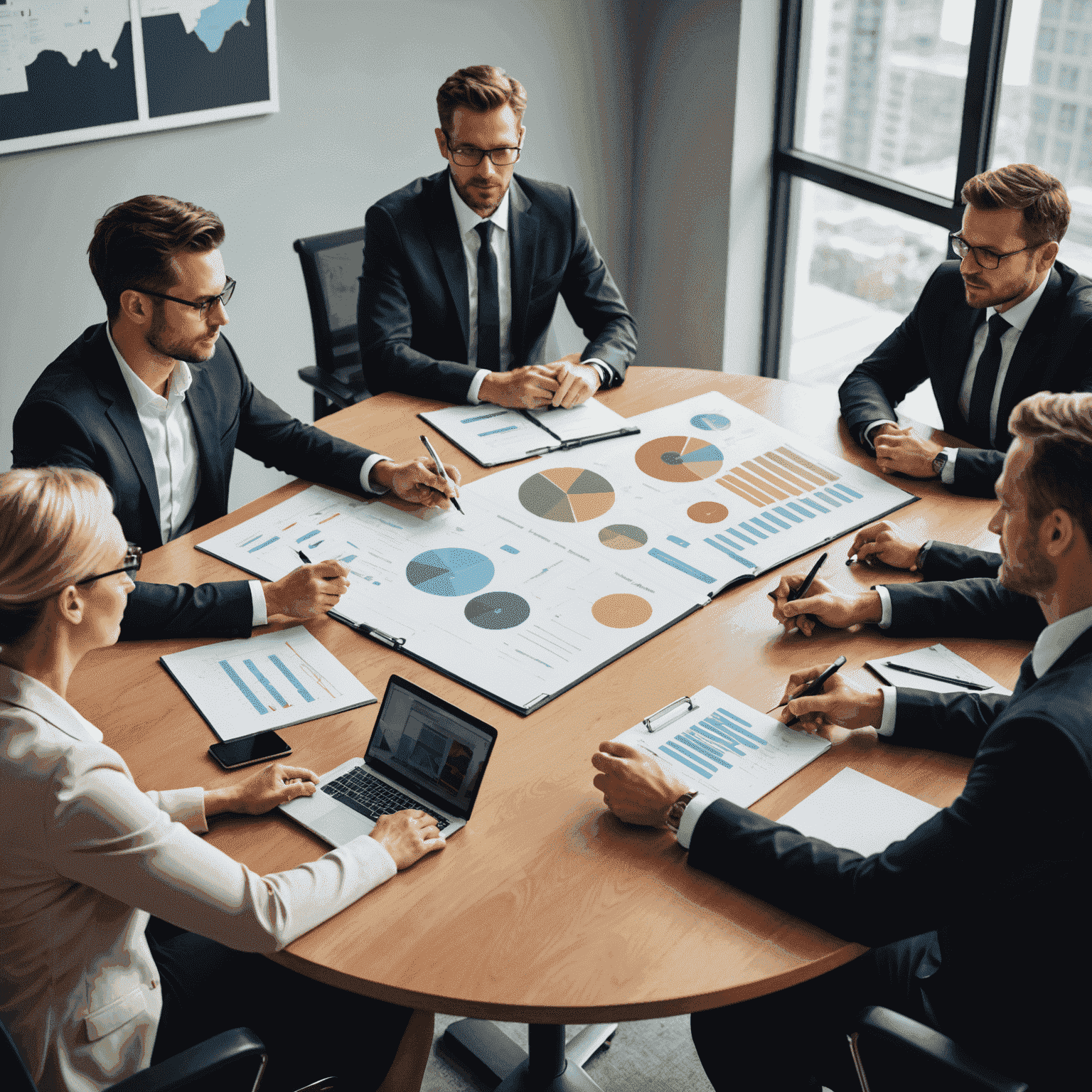 A group of business professionals discussing a strategic plan around a conference table