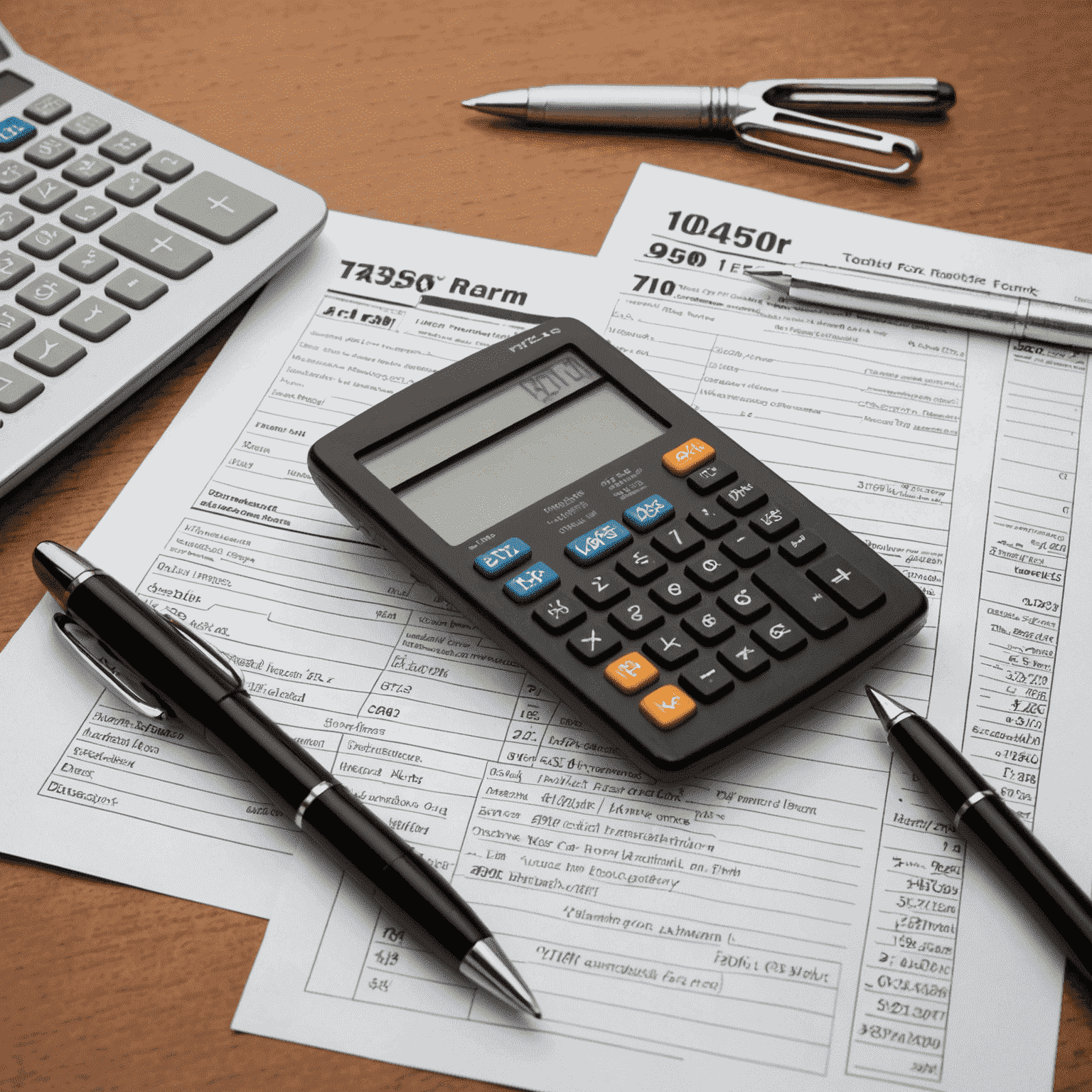 A calculator, pen, and tax forms on a desk