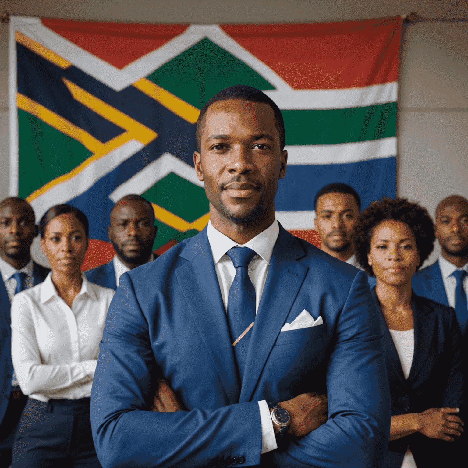 A confident business leader standing in front of their team, delivering a motivational speech with a South African flag in the background.